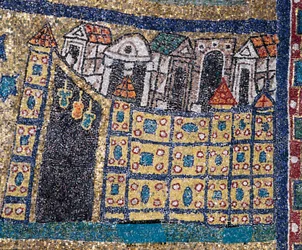 Die Vision des himmlischen Jerusalem: Detail von Jerusalem, dargestellt in einer befestigten Stadt. Mosaik um 830. Triumphbogen der Basilika Santa Prassede, Rom