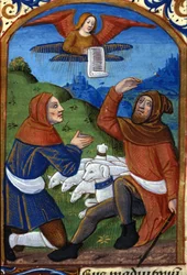Der Engel verkündet den Hirten die Geburt Jesu. Manuskript aus dem 15. Jahrhundert. Biblioteca Nazionale Braidense, Mailand