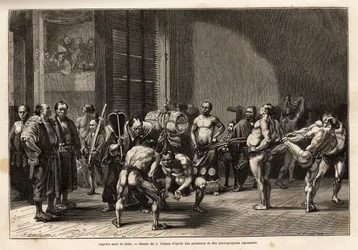 Die Vorbereitungen für das Sumo-Ringen, die Athleten wärmen sich auf, dehnen sich, stylen sich und konzentrieren sich vor dem Kampf. Gravur zur Illustration der Reise nach Japan, von Aime Humbert, Minister der Schweizerischen Eidgenossenschaft, 1863-1864, 