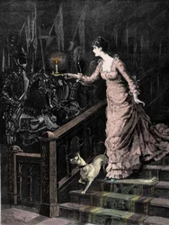 Das verfluchte Waffenlager: eine junge Frau steigt die Treppe hinunter und richtet die Kerze, die sie in der Hand hält, auf eine Rüstung. Illustration aus dem späten 19. Jahrhundert