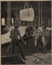 Die Kunst des Glases: Herstellung von Eiscreme. Schritt genannt „der große Fluss“. Gravur von 1885 in „Les arts et metiers illustres“ von Adolphe BITARD