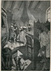 Die Kunst des Glases: die Glasmacher. Gravur von 1885 in „Les arts et métiers illustrés“ von Adolphe Bitard.