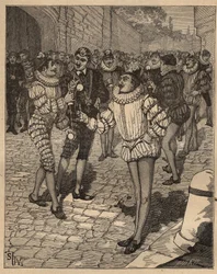 Die Kunst des Drehens: der Ball. König Heinrich III. (1551-1589) und seine Lieblinge spielen Bilboquet auf der Straße. Gravur von 1885 in „Les arts et métiers illustrés“ von Adolphe Bitard.