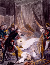 Die Ermordung des russischen Zaren Paul I. Petrowitsch (1754-1801) in seinem Zimmer im Michaels-Palast, nachdem er gezwungen worden war, seine Abdankung zu unterzeichnen. Stich, um 1801. Privatsammlung