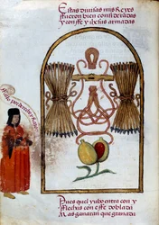 Das Armband und die Pfeile. Emblem der Katholischen Könige (Miniatur in „Devocionario de la Reyna Da Juana a Quien Llamaron la Loca“ von Pedro Marcuello