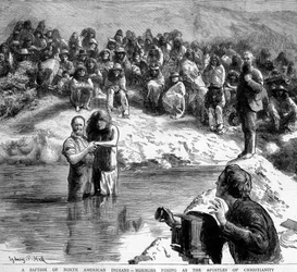 Die Taufe eines Indianers in Nordamerika durch einen Mormonen, der sich vor der Kamera als Apostel des Christentums darstellt. Illustration des 19. Jahrhunderts