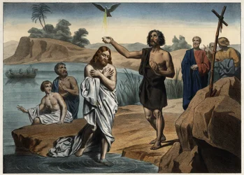 Die Taufe Christi. Anonyme Gravur aus der Mitte des 19. Jahrhunderts.