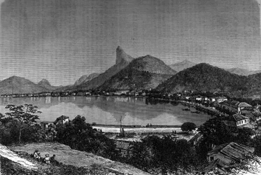 Die Bucht von Rio de Janeiro in Brasilien. Im Hintergrund der „Zuckerhut“. Gravur im „Journal de la jeunesse“