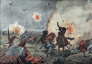 Der Beginn der Kriegsfliegerei: Die Militärflieger der französischen Armee zerstreuen mit Bomben die rebellischen Riata um Taza in Marokko, Juli 1914