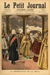 Der Segen der Newa, eine russische Tradition, die jedes Jahr während der Epiphanie in St. Petersburg stattfindet. Gravur in „Le petit journal“ 3/02/1895. Selvas Sammlung.