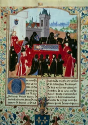 Der Leichnam des verstorbenen Königs Karl VI. (1368-1422) wird weggetragen, hinter der Prozession der neue König Karl VII. (1403-1461) am 22.10.1422 (Miniatur aus dem Manuskript „Chroniken von Karl VII.“)
