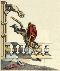 Der gestiefelte Kater bittet den Oger, sich in eine Maus zu verwandeln, und springt, um ihn zu verschlingen. Illustration aus Charles Perraults Märchen „Der gestiefelte Kater“