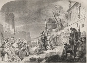 Die Verbrennung der Bischöfe Nicholas Ridley und Hugh Latimer auf dem Scheiterhaufen in der Nähe der Tore des Balliol College, Oxford, England