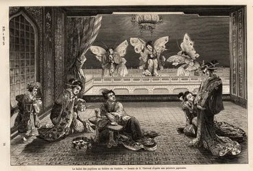 Das Schmetterlingsballett im Gankiro-Theater, im Vergnügungsviertel Miyozaki in Yokohama. Gravur zur Illustration der Reise nach Japan, von Aime Humbert, Minister der Schweizerischen Eidgenossenschaft, 1863-1864, veröffentlicht in "Le tour du monde"