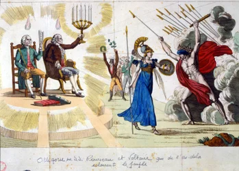Das Jahrhundert der Aufklärung: Die Philosophen Jean-Jacques Rousseau und Voltaire erhellen aus der Vergangenheit heraus das Volk - Allegorie
