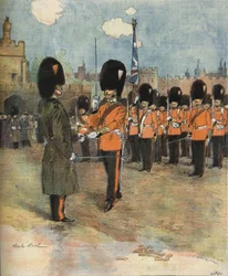 Der Wachwechsel am Buckingham Palace in London im Jahr 1893. Illustration von M.C. Morel. Bianchetti-Sammlung.