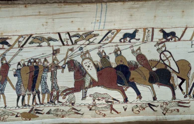 Die Eroberung Englands durch den Herzog der Normandie, Wilhelm der Eroberer (1027-1087) im Jahr 1066: Szene der Schlacht von Hastings zwischen der normannischen Infanterie und der sächsischen Kavallerie. Detail des Teppichs von Bayeux oder der Stickerei vo