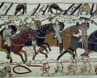 Die Eroberung Englands durch die Armee des Herzogs der Normandie Wilhelm der Eroberer (1027-1087): Herzog Wilhelm wird von seinen Soldaten erkannt, indem er seinen Helm während der Schlacht von Hastings hebt. Detail des Teppichs von Bayeux oder Stickerei d