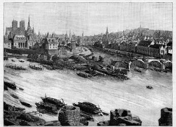 Der Bau der Pont Neuf in Paris, der durch den Square du Vert-Galant am Ende der Ile de la Cite führt. Die ersten Arbeiten im Jahr 1578. Gravur in "Le Monde illustré"