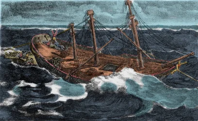 Der Bau des Floßes der Fregatte "Méduse", die am 02/07/1816 auf der Arguin-Bank nahe der Küste Mauretaniens strandete. Stich aus dem 19. Jahrhundert