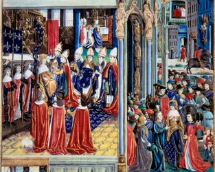 Die Krönung von König Ludwig IX. (1214-1270) am 29.11.1226 in der Kathedrale von Reims. Miniatur aus einem Manuskript „Das Buch der Taten von Monsignore Saint Louis“ 15. Jahrhundert. Paris, B.N.