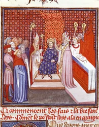 Die Krönung des heiligen Ludwig (1214-1270) im Jahr 1226. Miniatur aus „Les Grandes Chroniques de France“ von Jean Froissart (1337-1400), 14. Jahrhundert. Chantilly, Musée Condé