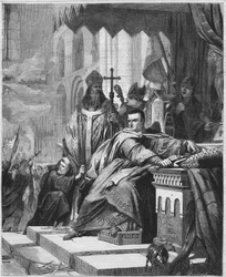 Die Krönung von Wilhelm I. dem Eroberer (1027 bis 1087) im Jahr 1066. Herzog der Normandie (1035 - 1087) und König von England (1066 - 1087). Gravur des 19. Jahrhunderts.