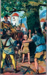 Die Armbrust. Wilhelm Tell (legendärer Held der Schweizer Unabhängigkeit). Chromolithographie aus dem späten 19. Jahrhundert.