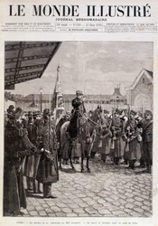 Abreise der Kompanie des 200. Regiments. Gruß an die Flagge im Gare de Lyon. „Die illustrierte Welt“. 23/03/1895. Zeichnung.