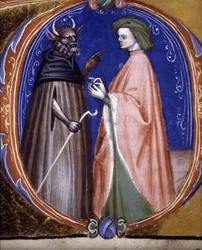 Die Begegnung mit dem Dämon. Manuskript aus dem 14. Jahrhundert. Biblioteca comunale di Rimini.