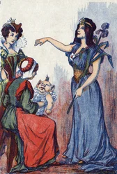 Die Fee sagt voraus, dass Riquet viel Verstand haben wird. Illustration für „Riquet mit dem Schopf“, Märchen von Charles Perrault (1628-1703), französischer Schriftsteller. Anonyme Illustration. Bild von Marcel Vagne, Jarville Nancy, undatiert (spätes 19. 