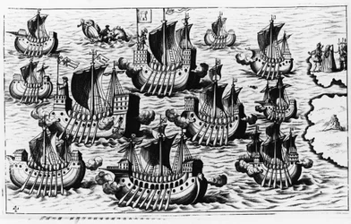 Die Flotte von Christoph Kolumbus (Cristoforo Colombo) zur Eroberung der Neuen Welt - in „Nova Tipus Transacto Navigatio Novi Orbi“ von Philoponus Honorius