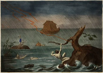 Die Sintflut mit der Arche Noah in der Ferne. Anonyme Gravur aus der Mitte des 19. Jahrhunderts