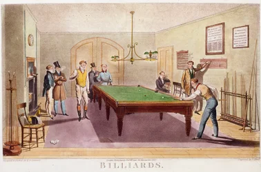 Das Billardspiel. Gentlemen der hohen englischen Gesellschaft spielen Billard. Gravur von 1827. Private Sammlung