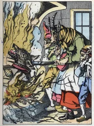 Die Ziege tötet den Wolf im Kamin. Illustration des Märchens „Compere le Loup, Maitre Renard, Comere la Chevre et ses petits biquets“ nach einer Fabel von Jean de la Fontaine. In „Märchen aus dem Heim für die Kleinen“. Anonyme Gravur des 19. Jahrhunderts.