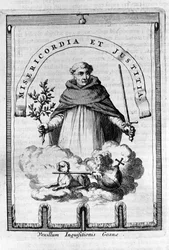 Das Gonfalon (Gonfanon) der Inquisition in Goa, einer portugiesischen Kolonie in Indien. Ein dominikanischer Vertreter trägt das Emblem der Inquisition: ein Schwert und einen Olivenzweig, Symbol der Bestrafung, aber auch des Friedens und der Gerechtigkeit