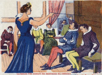 Die gute Fee lässt die Bewohner des Schlosses schlafen. Anonyme Illustration für „La belle au bois dormant“, Märchen von Charles Perrault (1628-1703), französischer Schriftsteller. Bildmaterial Marcel Vagne, Jarville Nancy, undatiert (spätes 19. Jahrhunder
