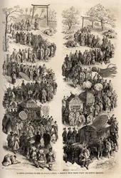 Die große Prozession des Mikado (Kaiser von Japan), im Dairi, dem alten kaiserlichen Schloss von Heian-kyo (Heian Kyo, heutiges Kyoto) von 794 bis 1869. Gravur zur Illustration der Reise nach Japan in den Jahren 1863-1864 von Aime Humbert, Minister der Sch