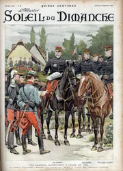 Die großen Manöver der Armee von 1899. General Giovaninelli, Direktor der Manöver, kritisiert militärische Operationen. Gravur in „Le soleil-du-dimanche“, 3. September 1899
