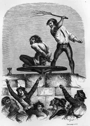 Der bucklige Quasimodo am Pranger. Illustration zu Victor Hugos Roman „Notre-Dame de Paris“ von 1844.