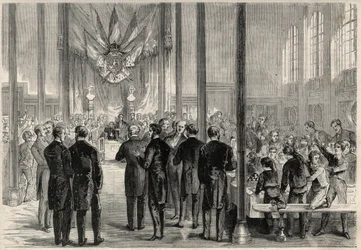 Der kaiserliche Prinz Eugene Louis Joseph (1856-1879) nimmt am Bankett des Heiligen Karl des Großen in Paris im Lycée Bonaparte (später Lycée Condorcet) teil. Gravur in „The Universe illustrious“.