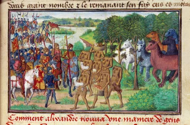 Der König von Makedonien Iskandar (oder Alexander der Große) trifft auf Monster, die ihm Geschenke machen