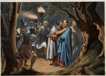 Der Kuss des Judas im Garten Gethsemane. Anonyme Gravur aus der Mitte des 19. Jahrhunderts
