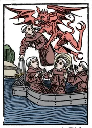 Die Legende von Sankt Brendan (Brandan), Held und irischer Heiliger des 6. Jahrhunderts. Der Teufel entführt den Dieb-Mönch. Gravur aus „Die wunderbare Meerfahrt des Hl. Brandan.“ Basel