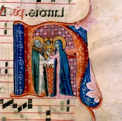 Der Buchstabe "N" mit einer Darstellung der Darstellung im Tempel: f.36v des Antiphonars