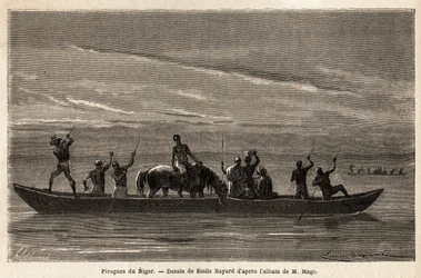 Die langen Kanus der Bambara auf dem Niger, die mit langen Stangen manövriert werden, können mehrere Personen und sogar Vieh oder Pferde transportieren. Illustration der Reise in den westlichen Sudan von Leutnant (Marine) M. Mage, 1863-1866, veröffentlicht
