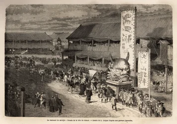Das Matsouri (Fest, Prozession) von Miodjin, Tempel von Yedo (heutiges Tokio), eine große zweijährliche Prozession mit der Präsentation großer historischer Figuren.