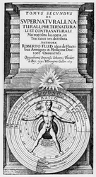 Der Mikrokosmos und der Makrokosmos - Allegorische Darstellung der Stellung des Menschen im Universum (vitruvianischer Mensch): Die Beziehung des Menschen (Mikrokosmos) zum Makrokosmos wird durch die Sphären der Sonne, des Mondes und der Planeten