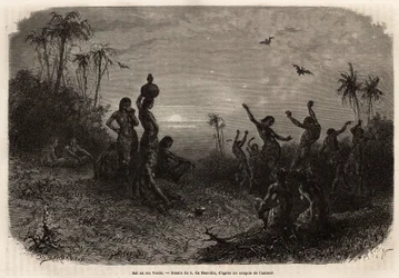 Der Mondscheinball, der die 18-Jahr-Feier und die Hochzeit eines jungen Indianers aus Rio Verde (Brasilien) abschließt. Gravur zur Illustration der Reise nach Neu-Granada, von Dr. Saffray, 1869, veröffentlicht in „Le tour du monde“ 1873, herausgegeben von