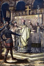 Die Ermordung des heiligen Thomas Becket in der Kathedrale von Canterbury am 29. Dezember 1170 durch Ritter vom Hof König Heinrichs II.